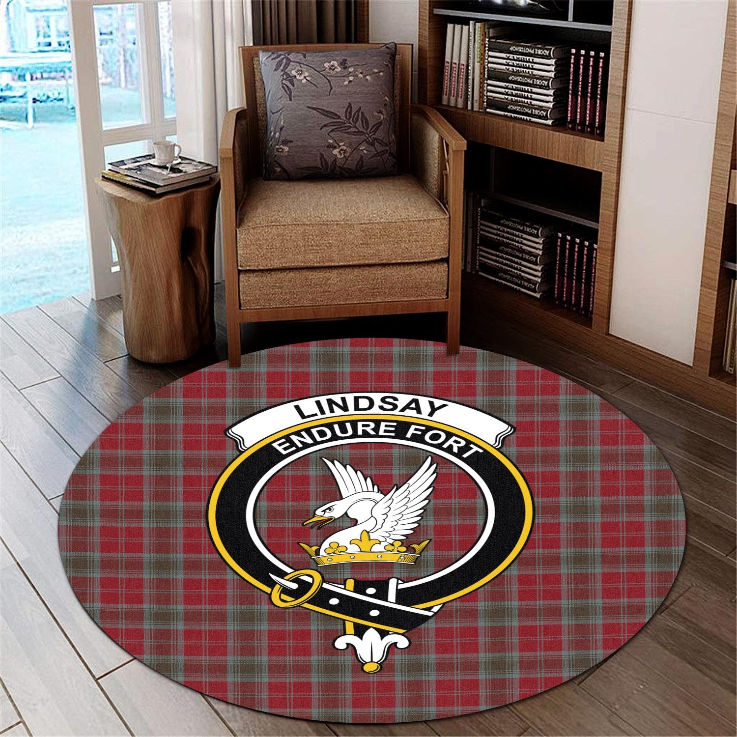 lindsay-weathered-tartan-round-rug-with-family-crest