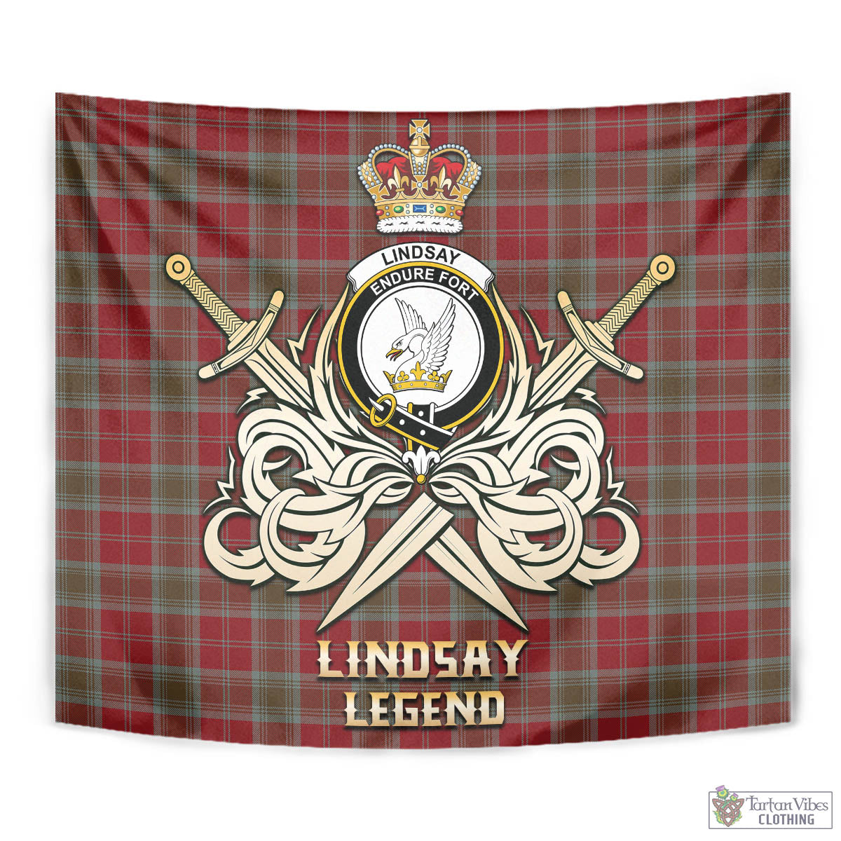 Tartan Vibes Clothing Lindsay Weathered Tartan Tapestry with Clan Crest and the Golden Sword of Courageous Legacy