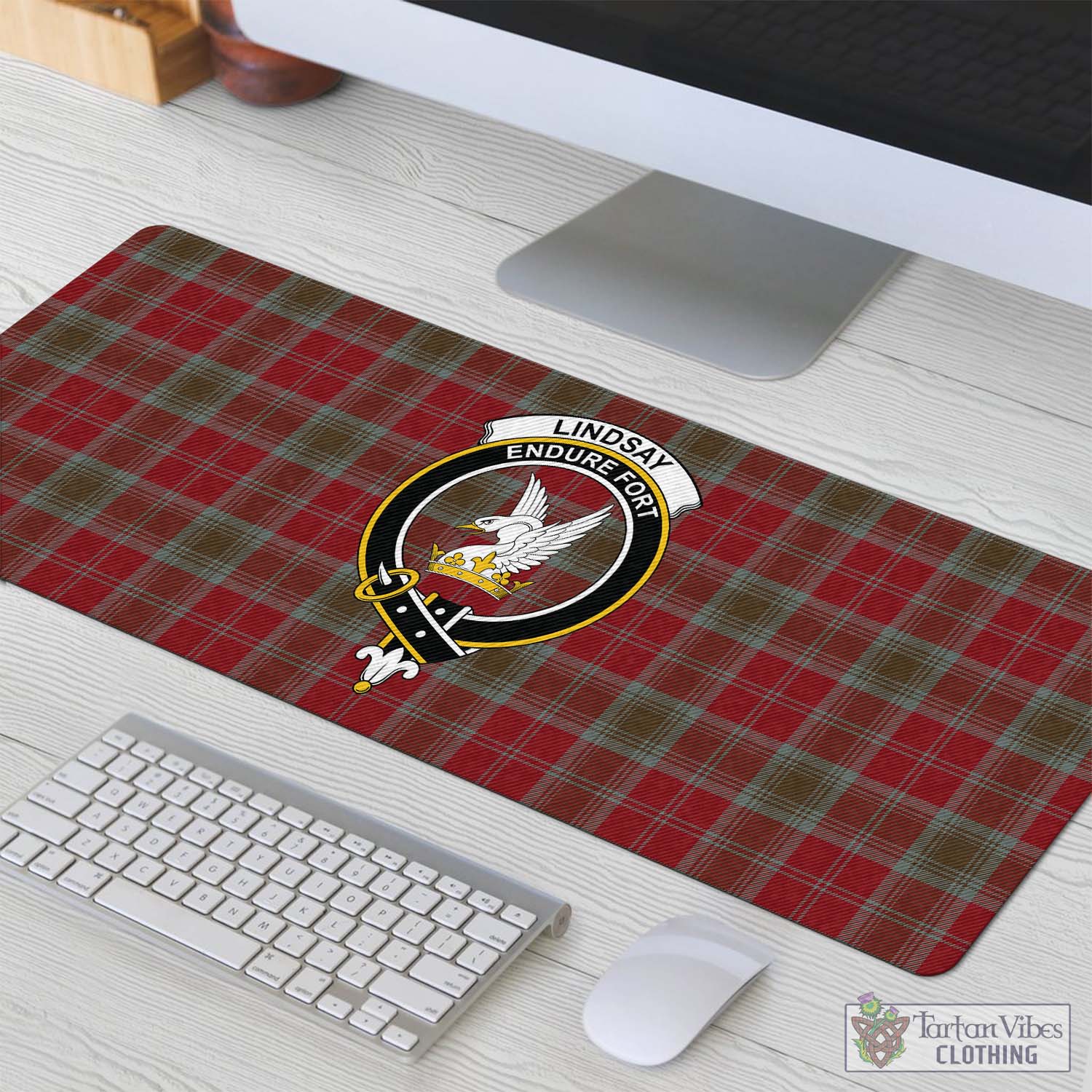 Tartan Vibes Clothing Lindsay Weathered Tartan Mouse Pad with Family Crest