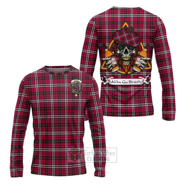 Little Tartan Long Sleeve T-Shirt with Family Crest and Bearded Skull Holding Bottles of Whiskey