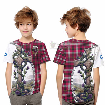 Little Tartan Kid T-Shirt with Family Crest and St. Andrew's Cross Accented by Thistle Vines