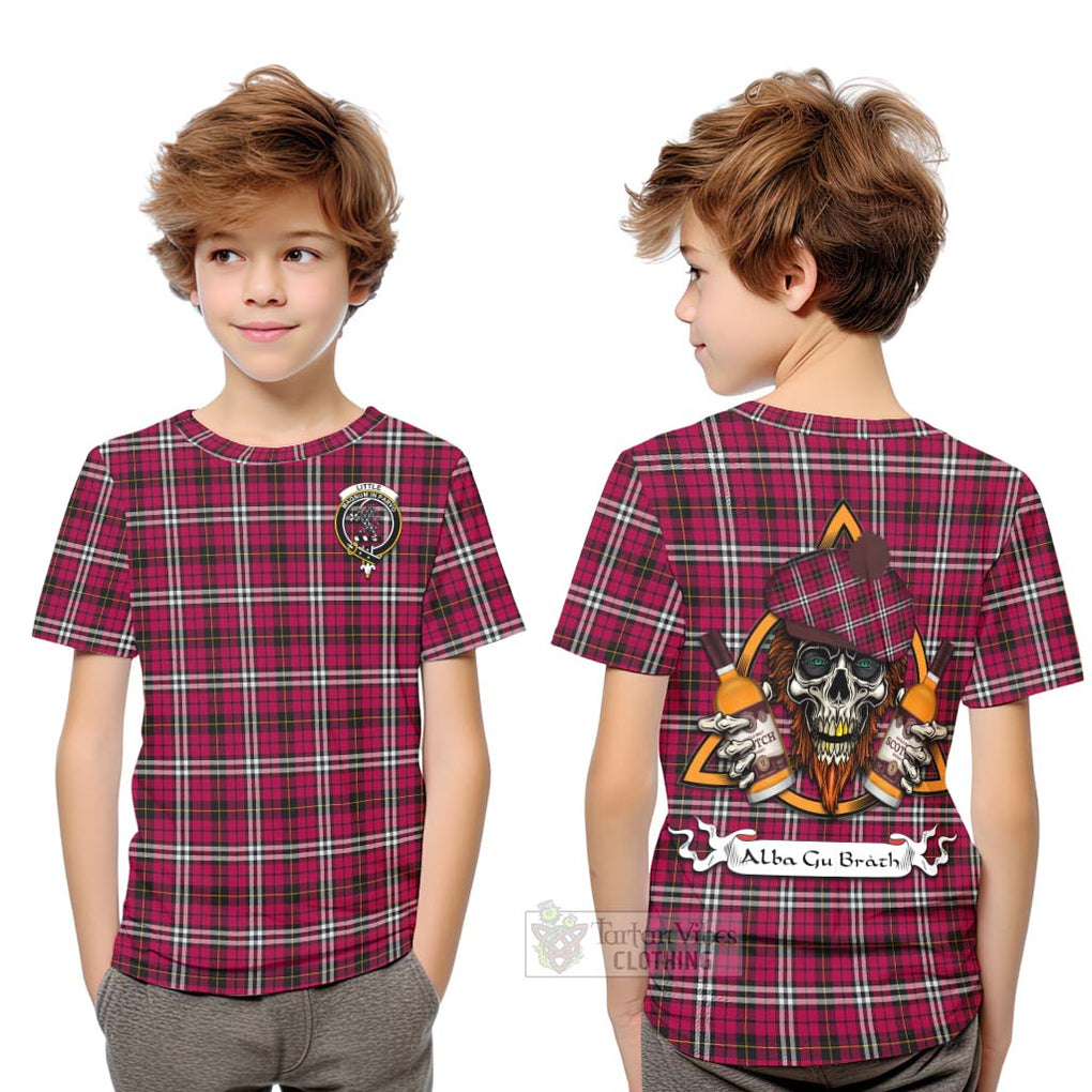 Tartan Vibes Clothing Little Tartan Kid T-Shirt with Family Crest and Bearded Skull Holding Bottles of Whiskey