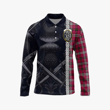 Little Tartan Long Sleeve Polo Shirt with Family Crest Cross Sword Thistle Celtic Vibes