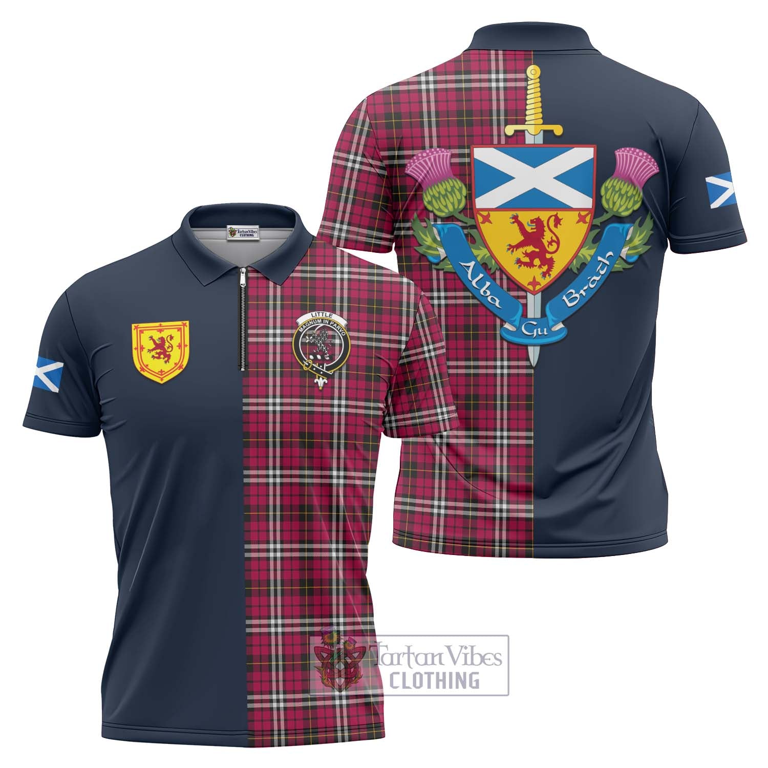 Tartan Vibes Clothing Little Tartan Zipper Polo Shirt with Scottish Lion Royal Arm Half Style