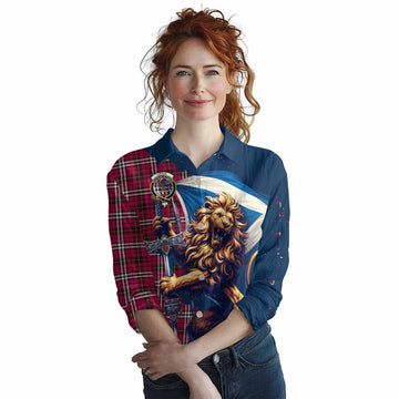 Little Tartan Family Crest Women's Casual Shirt with Scottish Majestic Lion