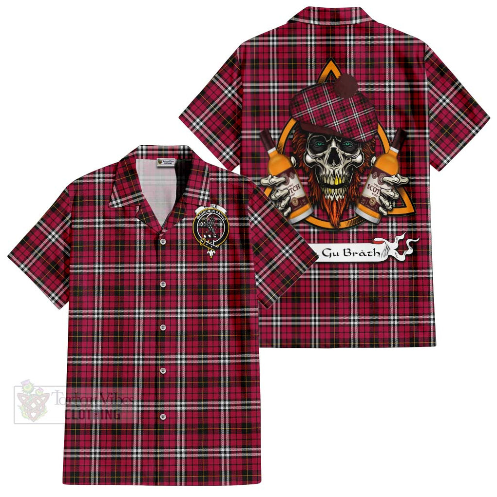 Tartan Vibes Clothing Little Tartan Short Sleeve Button Shirt with Family Crest and Bearded Skull Holding Bottles of Whiskey