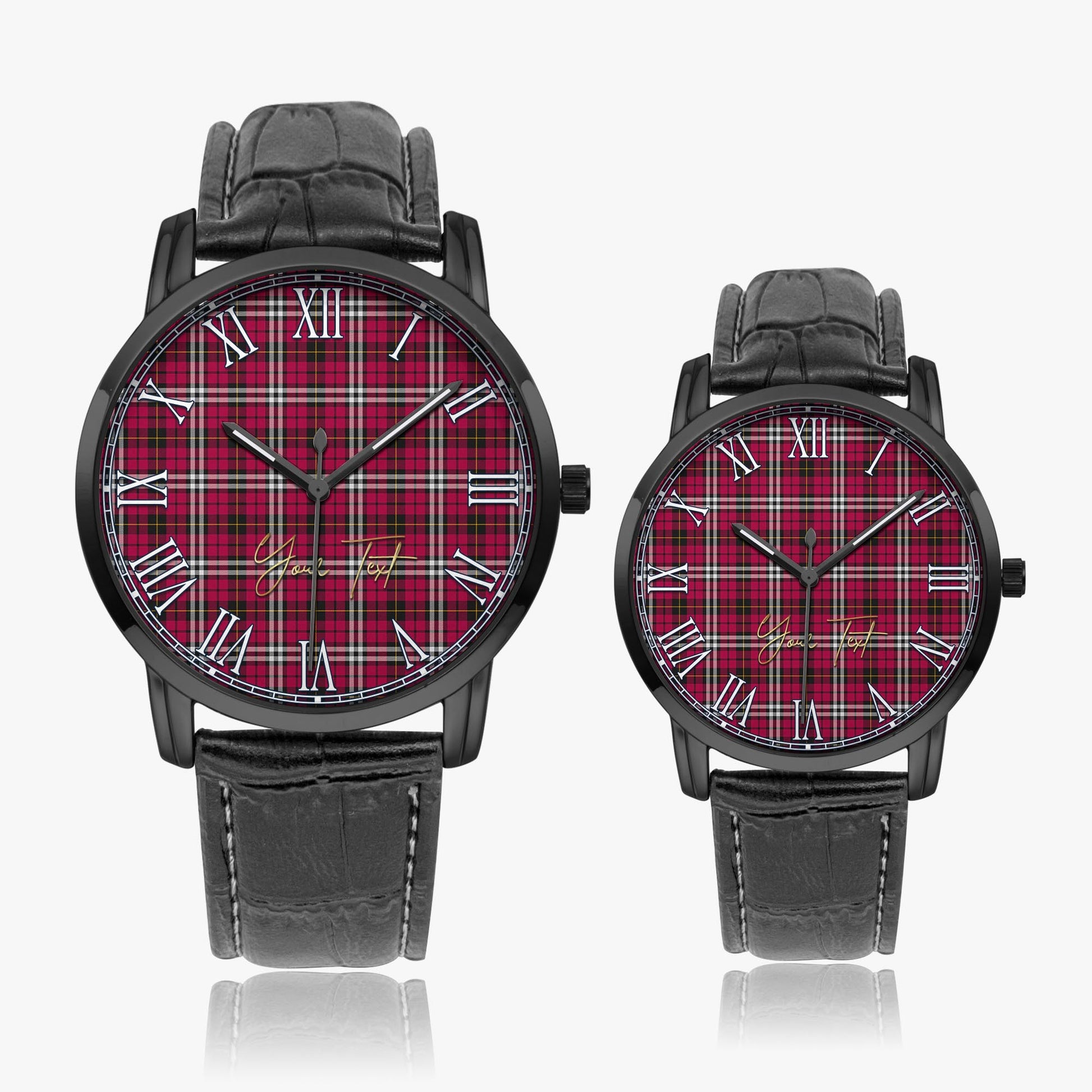 Little Tartan Personalized Your Text Leather Trap Quartz Watch Wide Type Black Case With Black Leather Strap - Tartanvibesclothing