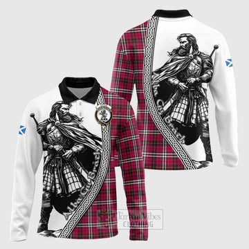 Little Tartan Clan Crest Long Sleeve Polo Shirt with Highlander Warrior Celtic Style