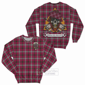 Little Tartan Sweatshirt with Family Crest and Bearded Skull Holding Bottles of Whiskey