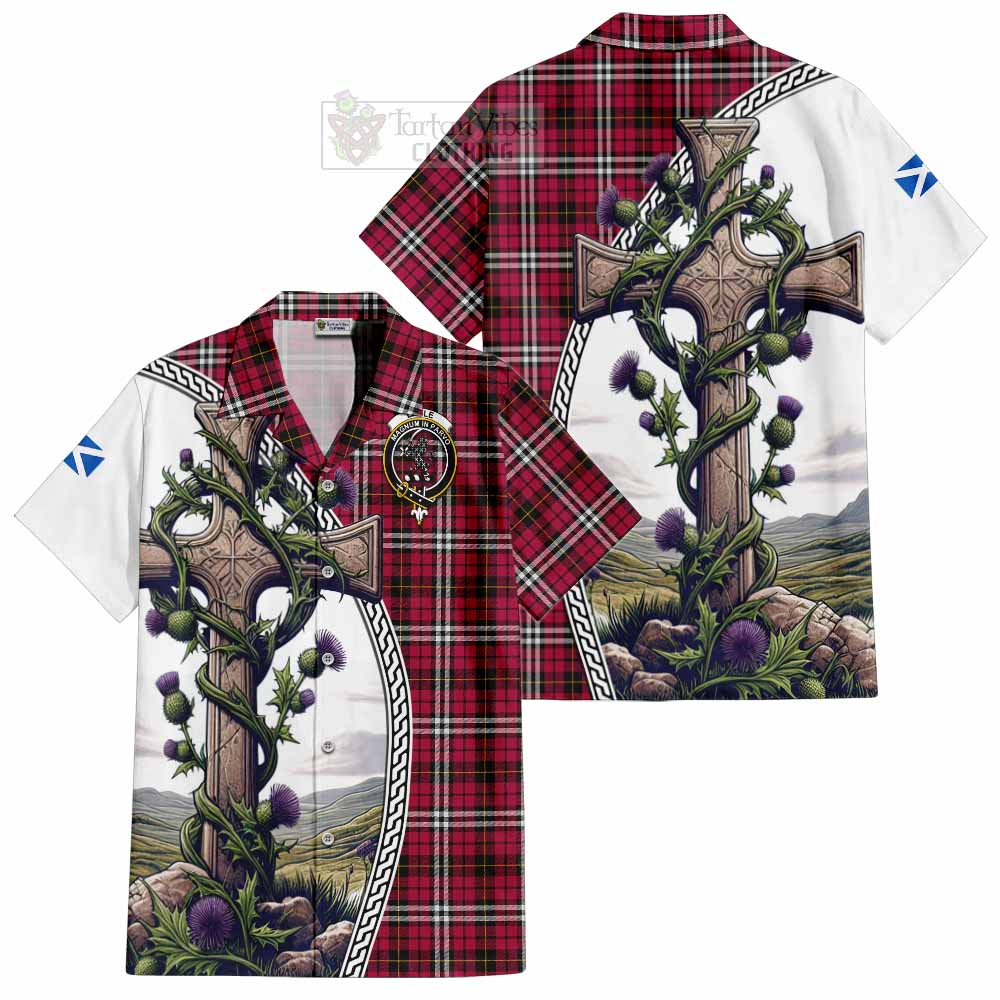 Tartan Vibes Clothing Little Tartan Short Sleeve Button Shirt with Family Crest and St. Andrew's Cross Accented by Thistle Vines