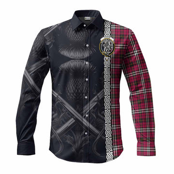 Little Tartan Long Sleeve Button Shirt with Family Crest Cross Sword Thistle Celtic Vibes