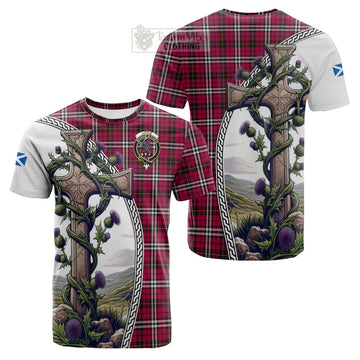 Little Tartan Cotton T-shirt with Family Crest and St. Andrew's Cross Accented by Thistle Vines