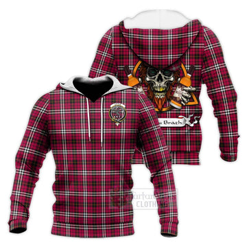 Little Tartan Knitted Hoodie with Family Crest and Bearded Skull Holding Bottles of Whiskey