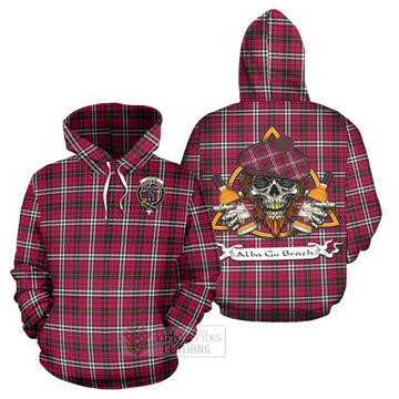 Little Tartan Hoodie with Family Crest and Bearded Skull Holding Bottles of Whiskey