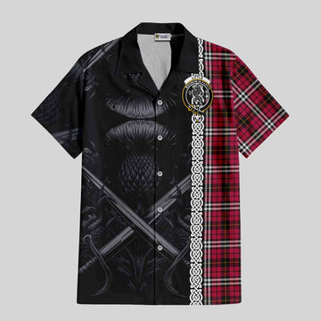 Little Tartan Short Sleeve Button Shirt with Family Crest Cross Sword Thistle Celtic Vibes