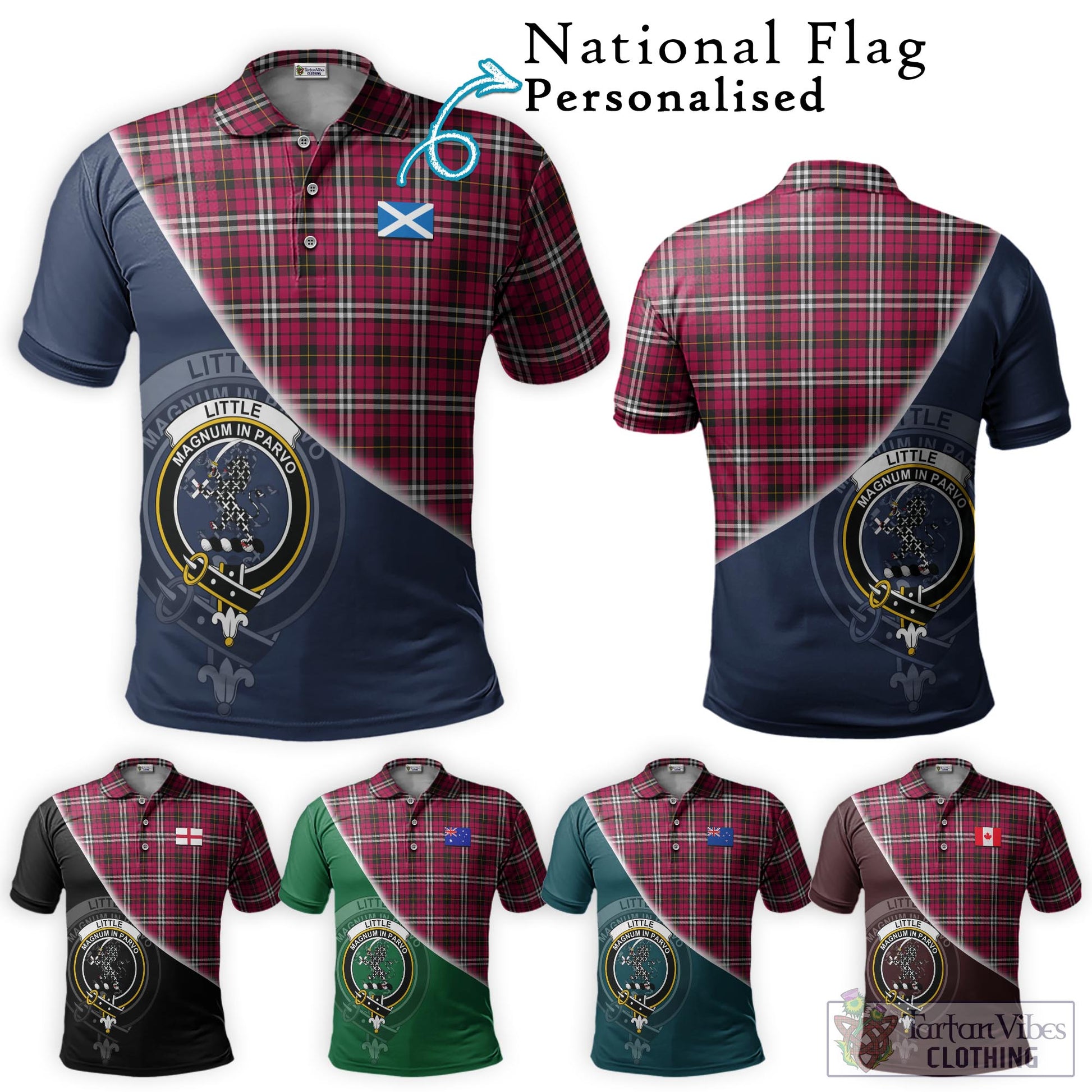 Tartan Vibes Clothing Little Tartan Polo Shirt with Personalised National Flag and Family Crest Half Style