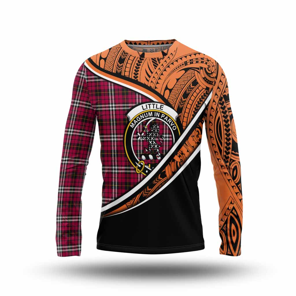 Tartan Vibes Clothing Little Crest Tartan Long Sleeve T-Shirt with Maori Tattoo Style - Orange Version