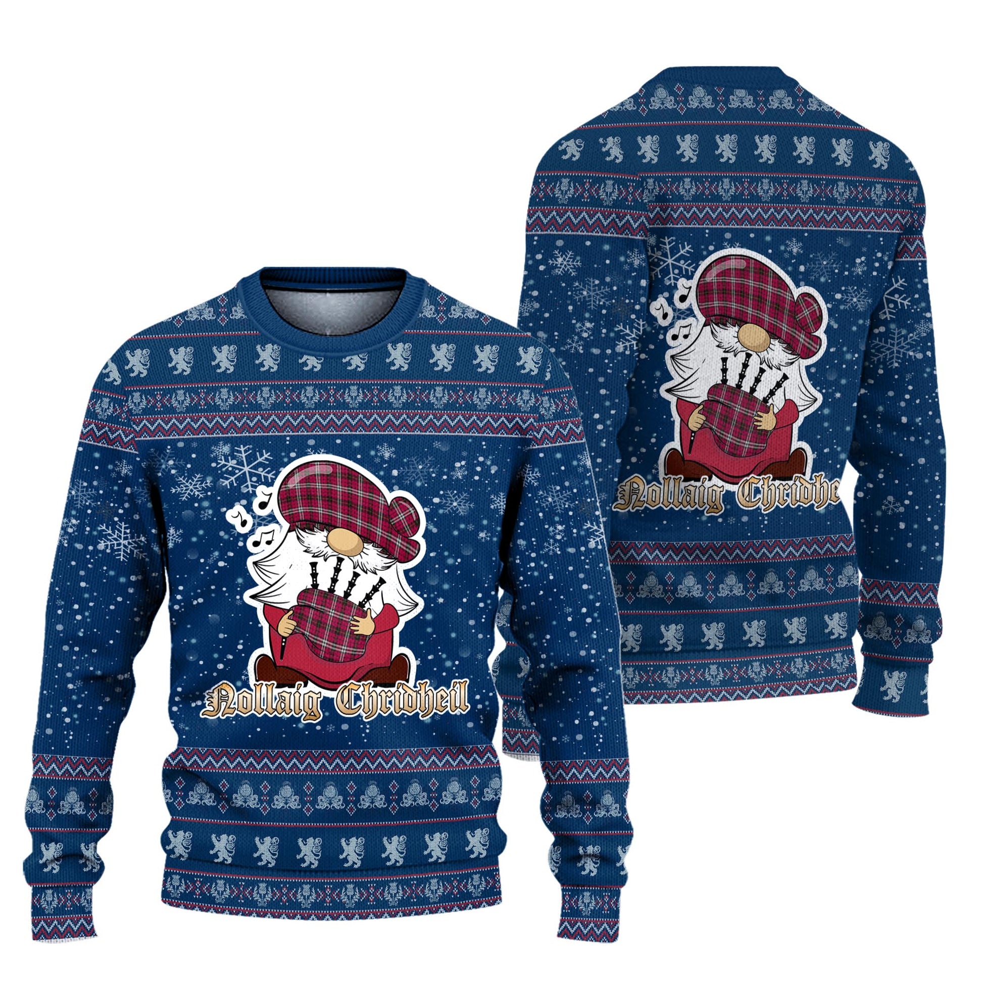 Little Clan Christmas Family Knitted Sweater with Funny Gnome Playing Bagpipes Unisex Blue - Tartanvibesclothing