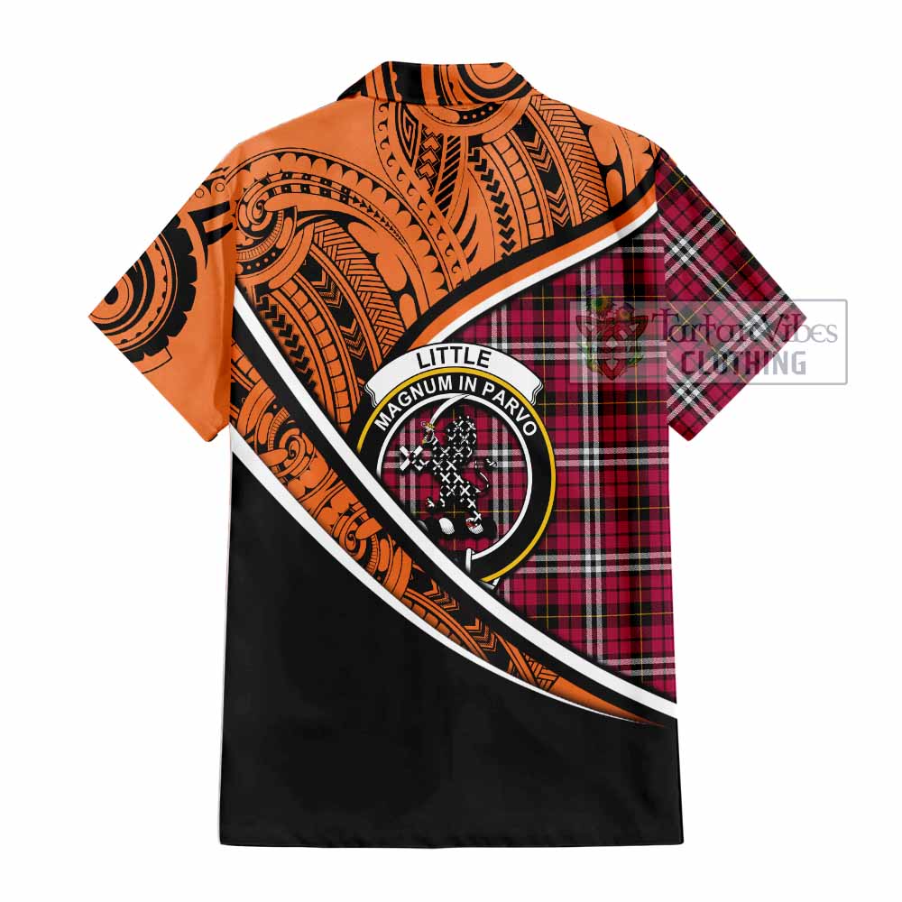 Tartan Vibes Clothing Little Crest Tartan Short Sleeve Button Shirt with Maori Tattoo Style - Orange Version