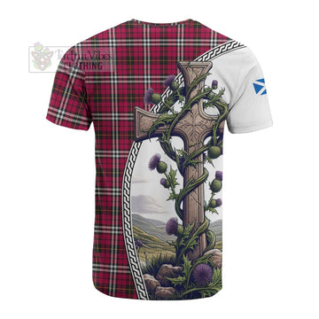 Little Tartan Cotton T-shirt with Family Crest and St. Andrew's Cross Accented by Thistle Vines