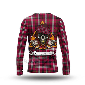 Little Tartan Long Sleeve T-Shirt with Family Crest and Bearded Skull Holding Bottles of Whiskey