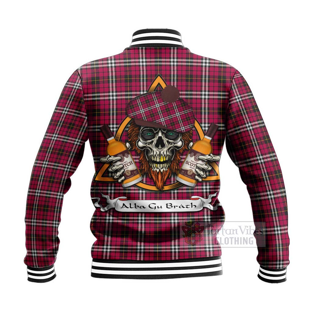 Tartan Vibes Clothing Little Tartan Baseball Jacket with Family Crest and Bearded Skull Holding Bottles of Whiskey