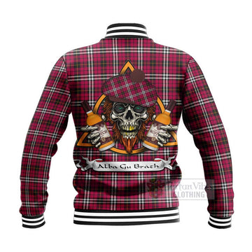 Little Tartan Baseball Jacket with Family Crest and Bearded Skull Holding Bottles of Whiskey