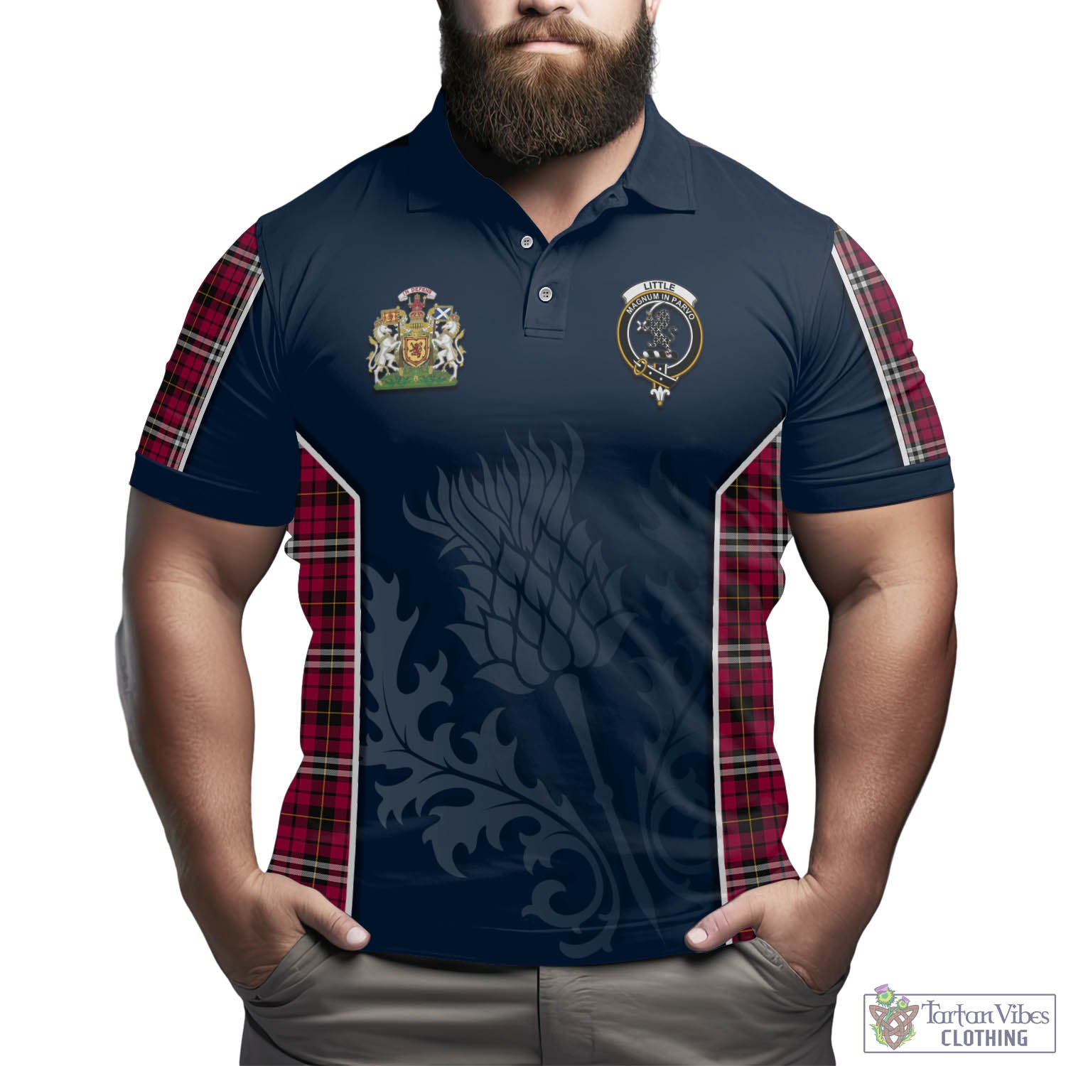 Little Tartan Men's Polo Shirt with Family Crest and Scottish Thistle Vibes Sport Style - Tartan Vibes Clothing