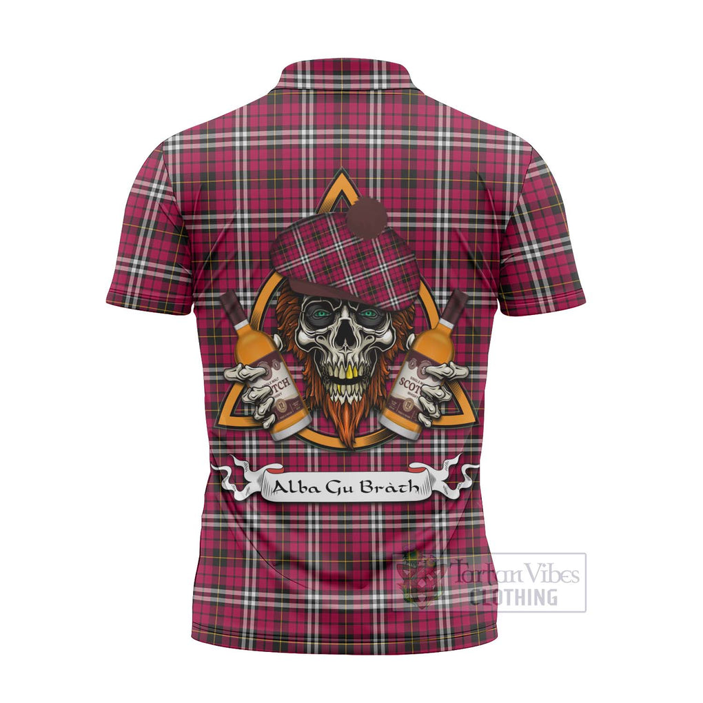 Tartan Vibes Clothing Little Tartan Zipper Polo Shirt with Family Crest and Bearded Skull Holding Bottles of Whiskey