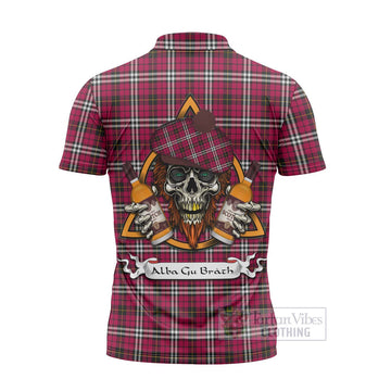 Little Tartan Zipper Polo Shirt with Family Crest and Bearded Skull Holding Bottles of Whiskey