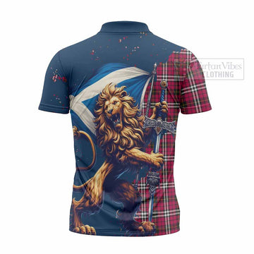 Little Tartan Family Crest Zipper Polo Shirt with Scottish Majestic Lion