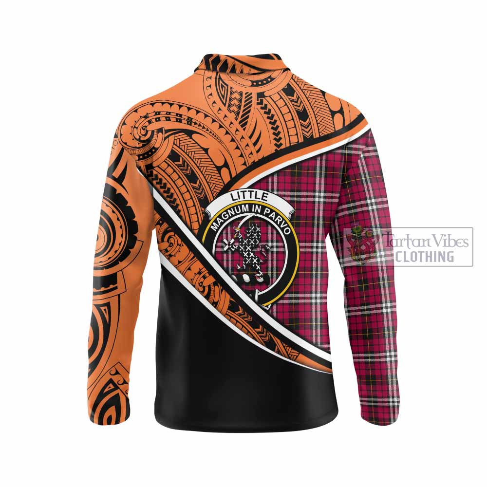 Tartan Vibes Clothing Little Crest Tartan Long Sleeve Polo Shirt with Maori Tattoo Style - Orange Version