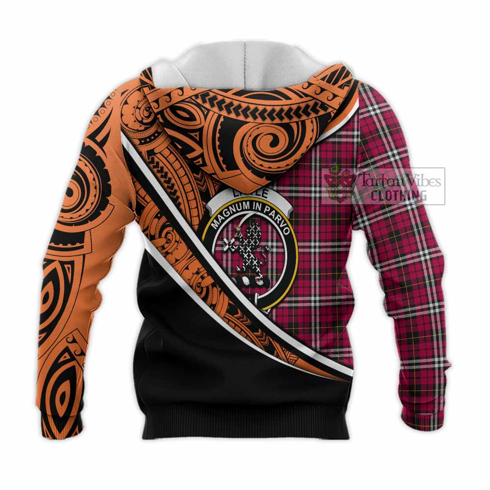 Tartan Vibes Clothing Little Crest Tartan Knitted Hoodie with Maori Tattoo Style - Orange Version