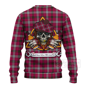 Little Tartan Ugly Sweater with Family Crest and Bearded Skull Holding Bottles of Whiskey