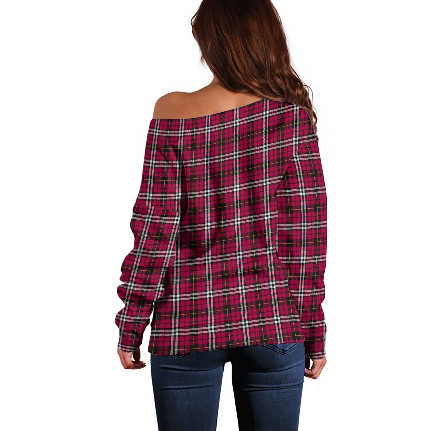 Little Tartan Off Shoulder Women Sweater with Family Crest - Tartanvibesclothing