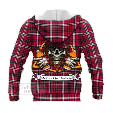 Little Tartan Knitted Hoodie with Family Crest and Bearded Skull Holding Bottles of Whiskey