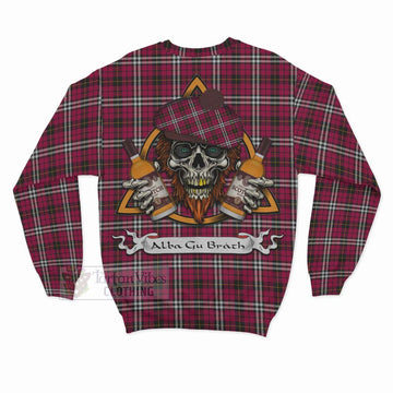 Little Tartan Sweatshirt with Family Crest and Bearded Skull Holding Bottles of Whiskey