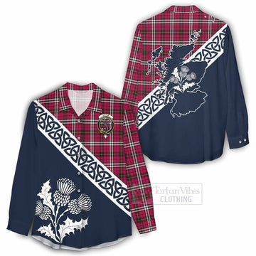 Little Tartan Women's Casual Shirt Featuring Thistle and Scotland Map