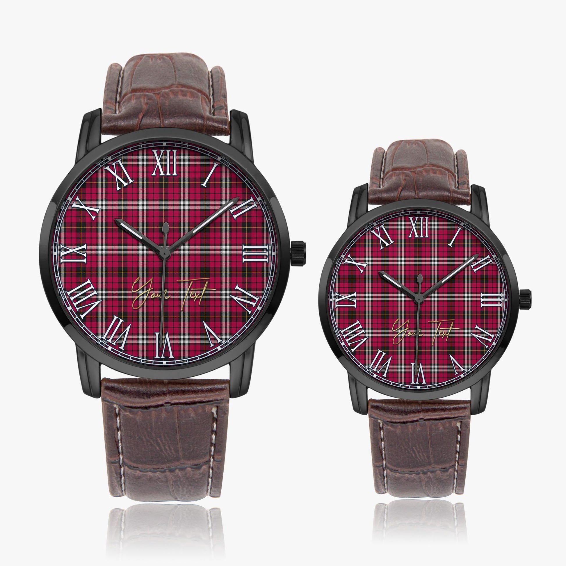 Little Tartan Personalized Your Text Leather Trap Quartz Watch Wide Type Black Case With Brown Leather Strap - Tartanvibesclothing