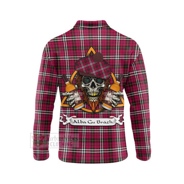 Little Tartan Long Sleeve Polo Shirt with Family Crest and Bearded Skull Holding Bottles of Whiskey