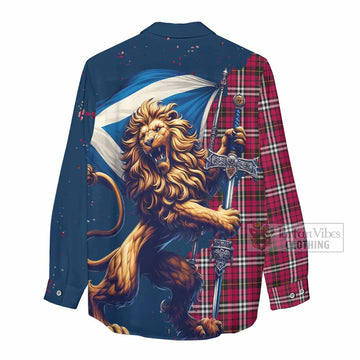 Little Tartan Family Crest Women's Casual Shirt with Scottish Majestic Lion