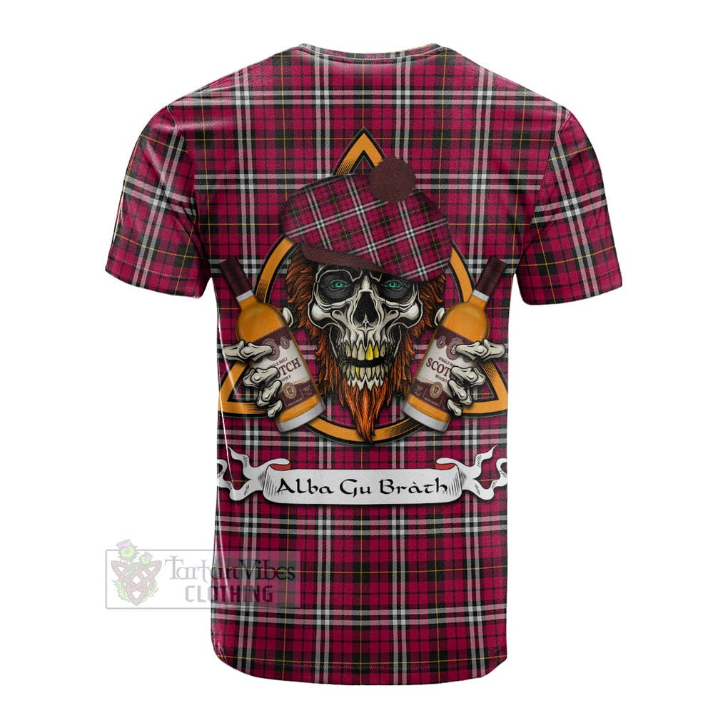 Tartan Vibes Clothing Little Tartan Cotton T-shirt with Family Crest and Bearded Skull Holding Bottles of Whiskey