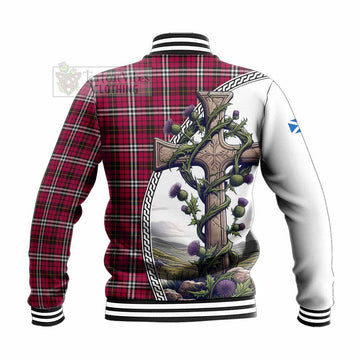 Little Tartan Baseball Jacket with Family Crest and St. Andrew's Cross Accented by Thistle Vines