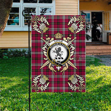 Little Tartan Flag with Family Crest and Golden Thistle Crossed Sword Design