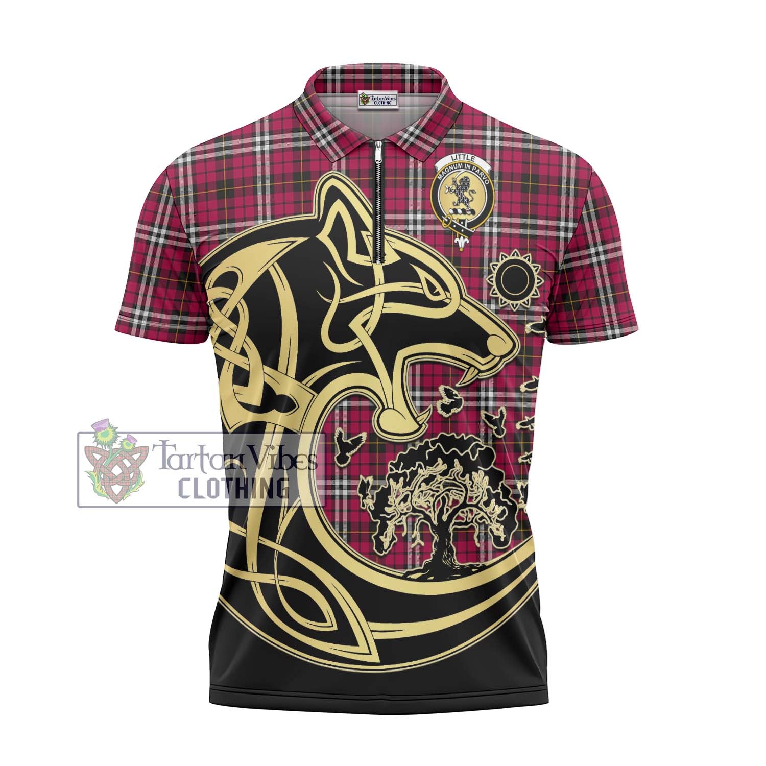 Tartan Vibes Clothing Little Tartan Zipper Polo Shirt with Family Crest Celtic Wolf Style