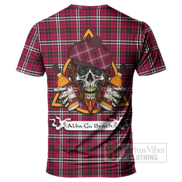 Little Tartan T-Shirt with Family Crest and Bearded Skull Holding Bottles of Whiskey