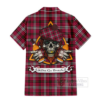 Little Tartan Short Sleeve Button Shirt with Family Crest and Bearded Skull Holding Bottles of Whiskey