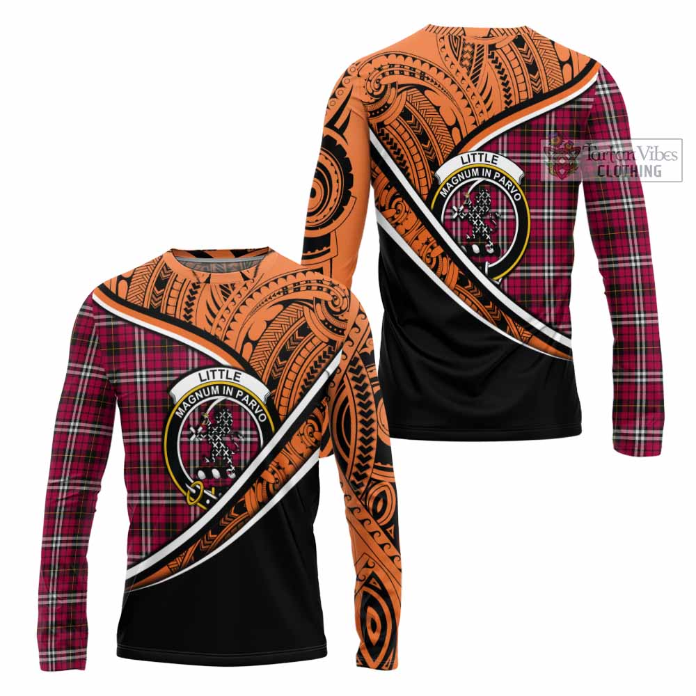 Tartan Vibes Clothing Little Crest Tartan Long Sleeve T-Shirt with Maori Tattoo Style - Orange Version