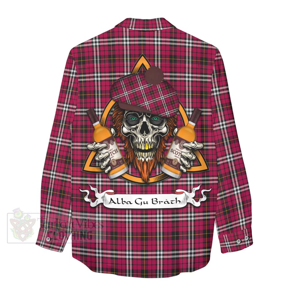 Tartan Vibes Clothing Little Tartan Women's Casual Shirt with Family Crest and Bearded Skull Holding Bottles of Whiskey