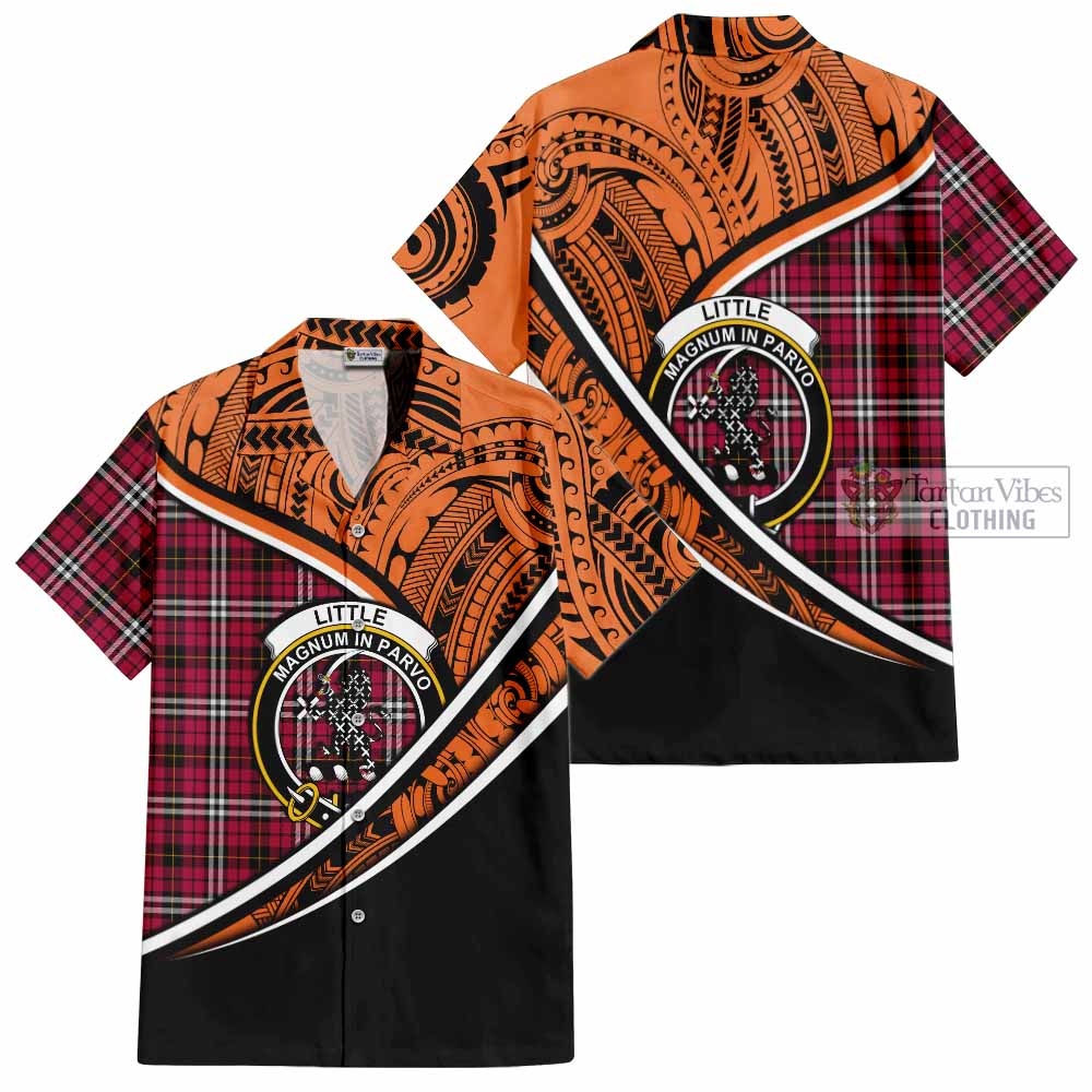 Tartan Vibes Clothing Little Crest Tartan Short Sleeve Button Shirt with Maori Tattoo Style - Orange Version